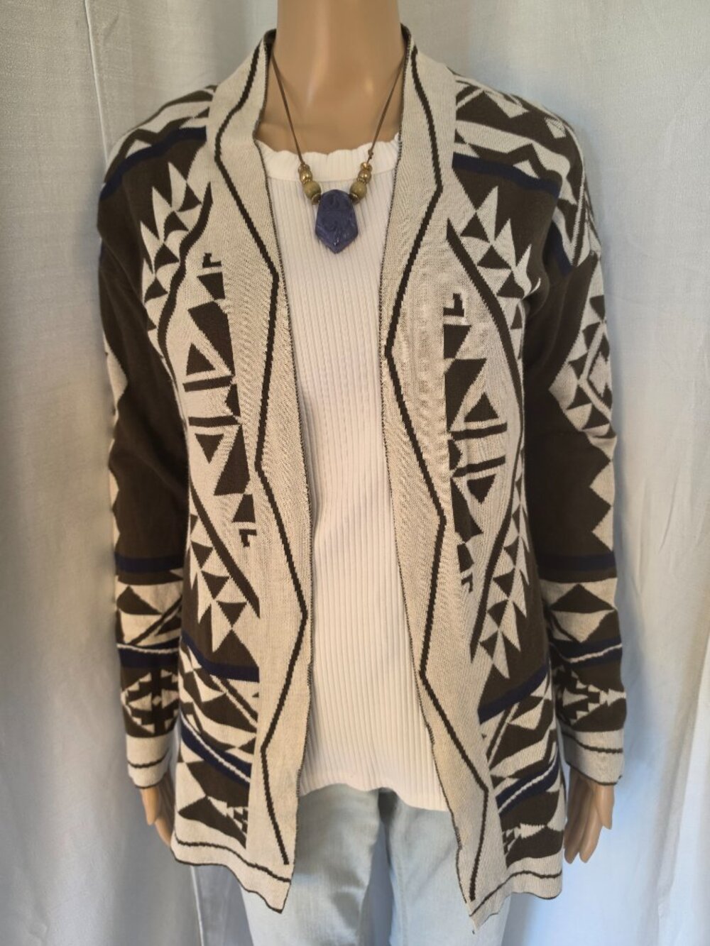 Pink Republic Cotton Blend Brown, Tan & Navy Navajo Pattern Cardigan Size Medium
